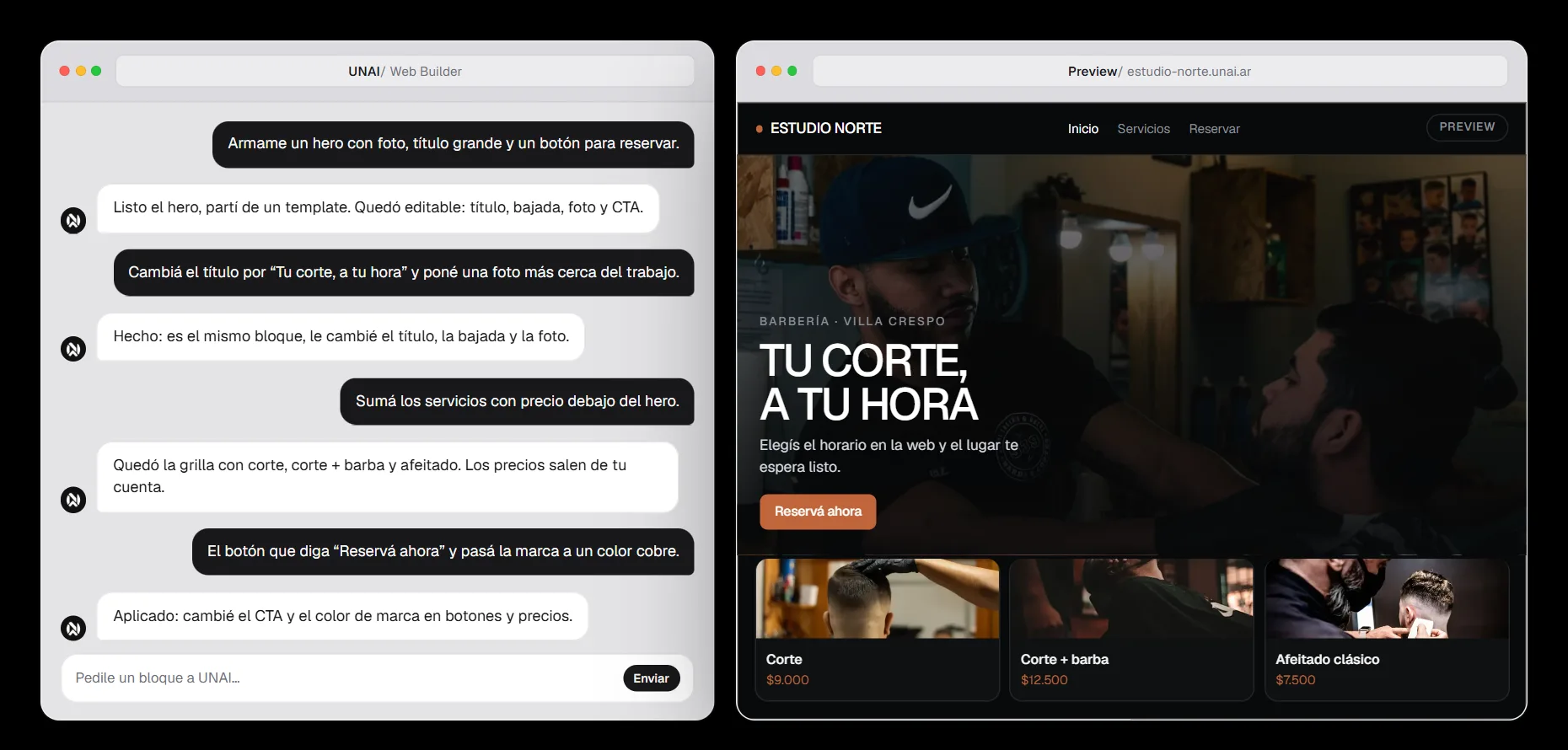 Demostración del Web Builder de UNAI: el usuario pide un hero, cambia el título, suma servicios con precios y ajusta el color de marca mientras el preview se actualiza.
